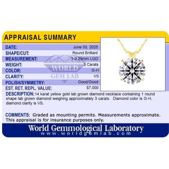 3 ct Lab‑Grown Diamond Solitaire Pendant in 14K Yellow Gold | 18″ Cable Chain - Picture 4 of 5